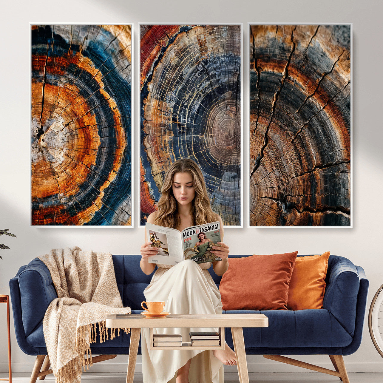 4712069W1-MGV-CV-48X32-3P - Tree Ring Triptych Canvas Wall Art — Set of 3 Wood Grain Print | Rustic Nature Decor | Earth Tone Wall Art | Unique Living Room Art Gift