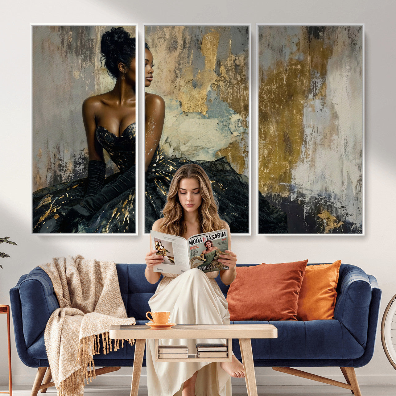 4712069Z1-MGV-CV-36X24 - Elegant Woman Canvas Wall Art — Black Gold Gown Fashion Print | Luxury Glam Wall Decor | African American Art | Bold Bedroom Wall Art Gift