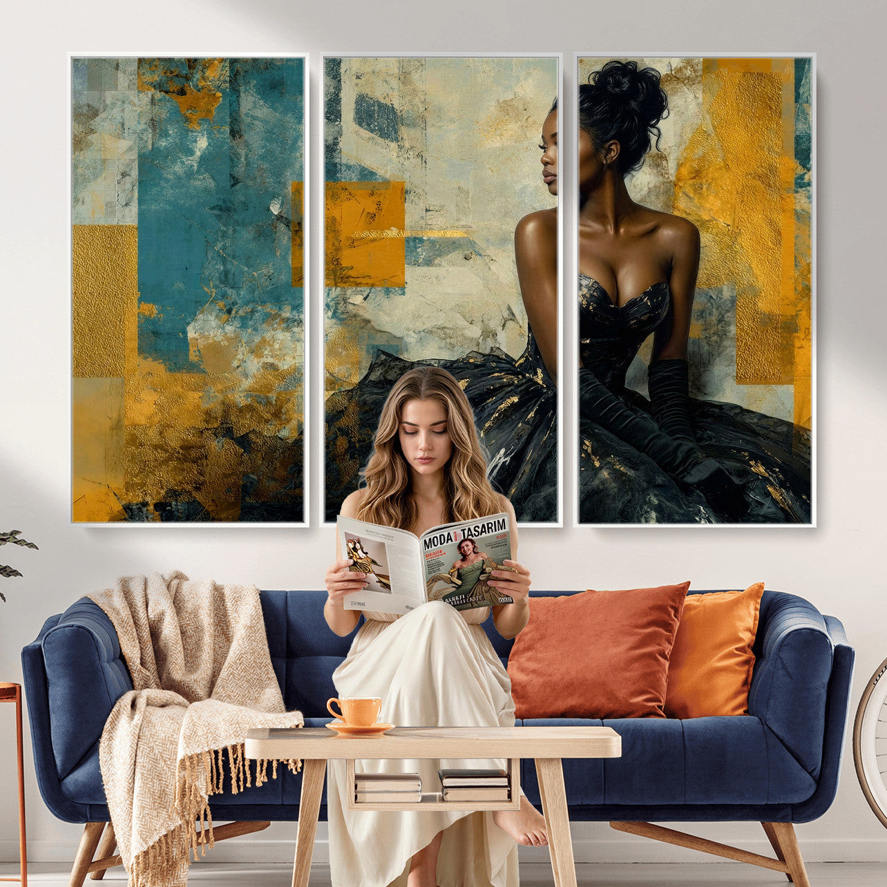 4712069Z21-MGV-CV-36X24 - Elegant Woman Canvas Wall Art — Black Gold Gown Fashion Print | Luxury Glam Wall Decor | African American Art | Bold Bedroom Wall Art Gift
