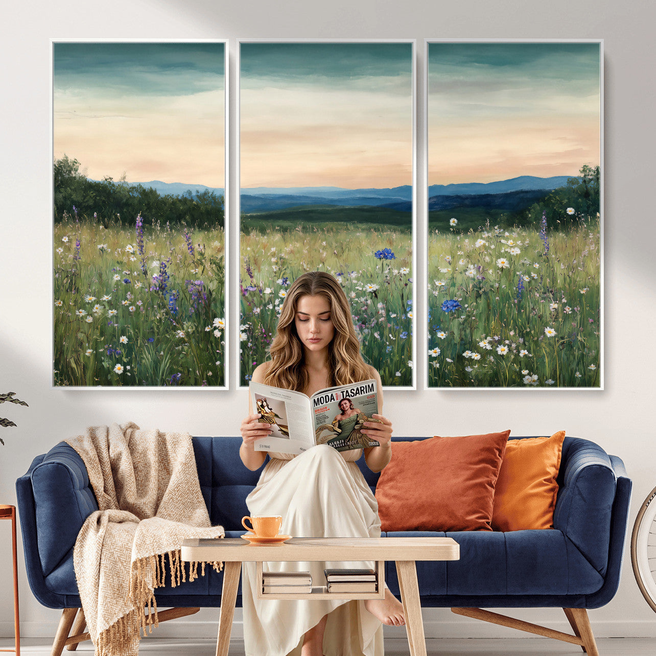 35773805-MGV-CV-36X24 - Wildflower Meadow Oil Painting Canvas Print - Daisy Lavender Mountain Sunset Print | Cottagecore Floral Wall Art - Bedroom Decor Gift for Her