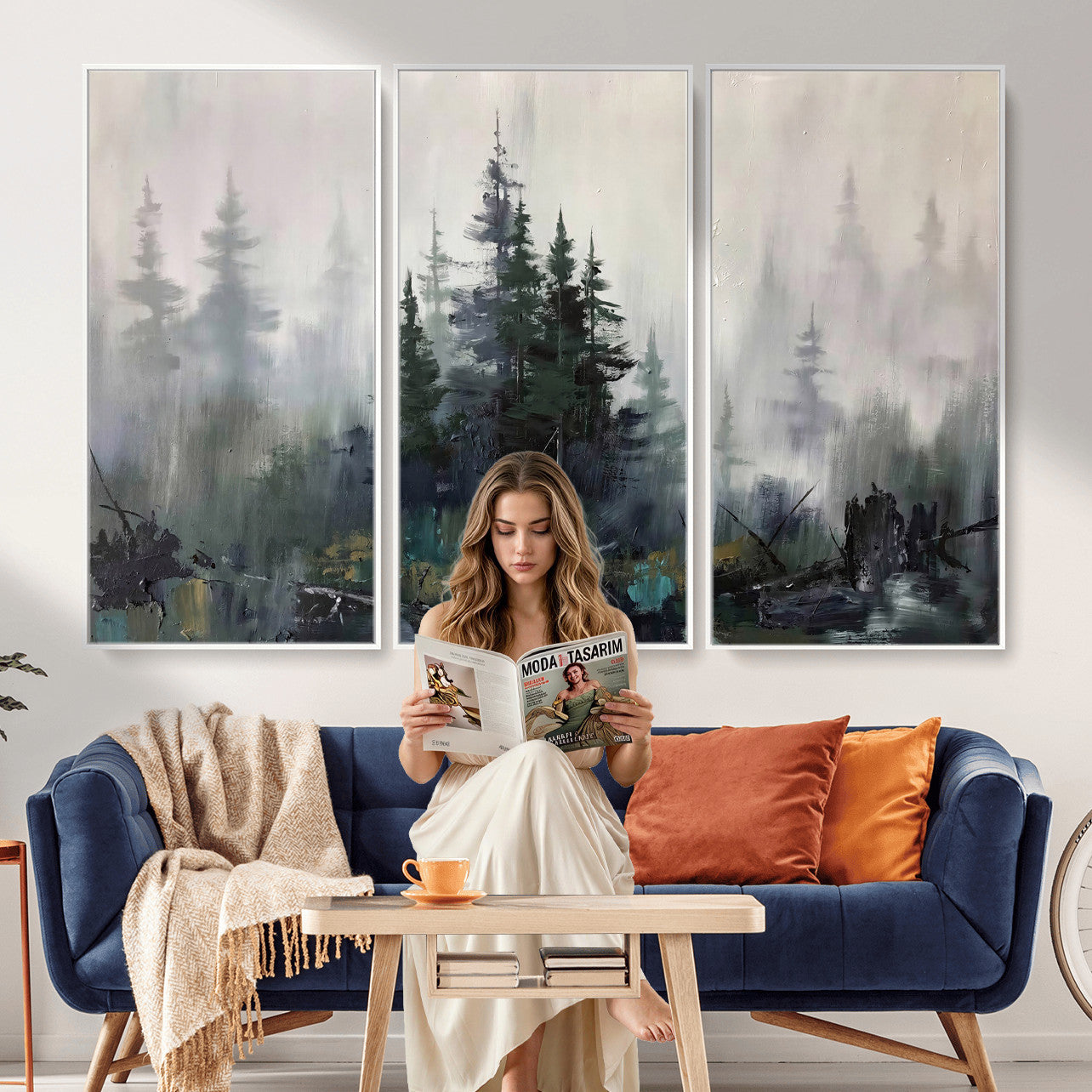94143325-MGV-CV-36X24 - Misty Pine Forest Oil Painting Canvas — Dark Moody Teal Grey Tree Print | Japandi Scandinavian Wall Art | Minimalist Nature Decor Gift