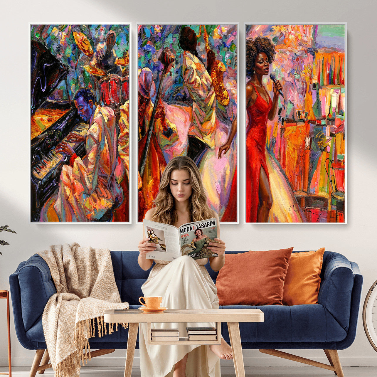 72615137-MGV-CV-36X24 - African American Jazz Singer Canvas Art - Red Dress Black Woman Music Print | Colorful Jazz Band Wall Decor | Living Room Gift for Her