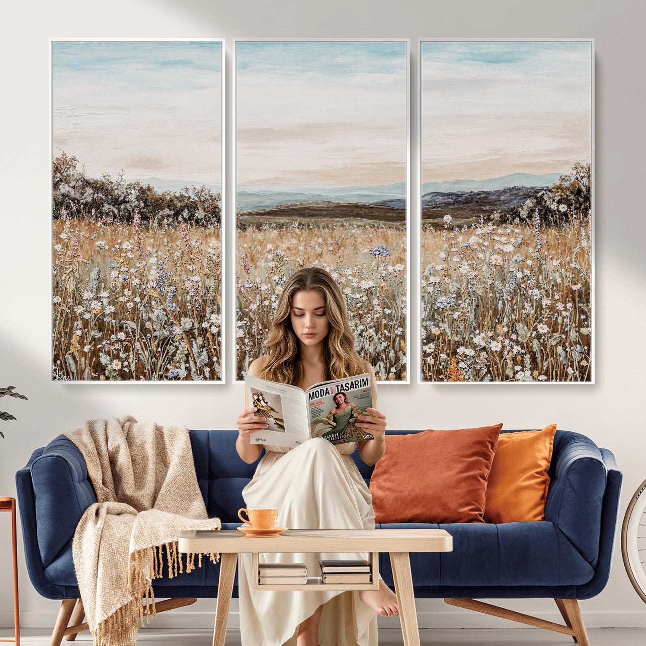 F35773805-MGV-CV-36X24 - Neutral Wildflower Field Canvas Wall Art — Beige Earth Tone Botanical Meadow Print | Farmhouse Boho Decor | Bedroom Living Room Gift Her