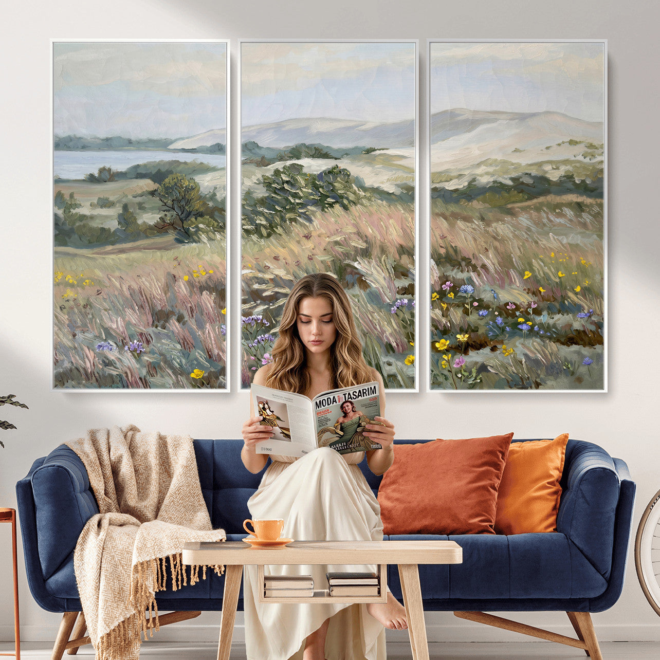 18013232-MGV-CV-36X24 - Katie Staples Hillside Canvas Wall Art — Coastal Wildflower Dune Oil Painting Print | Muted Green Nature Decor | Plein Air Landscape Gift