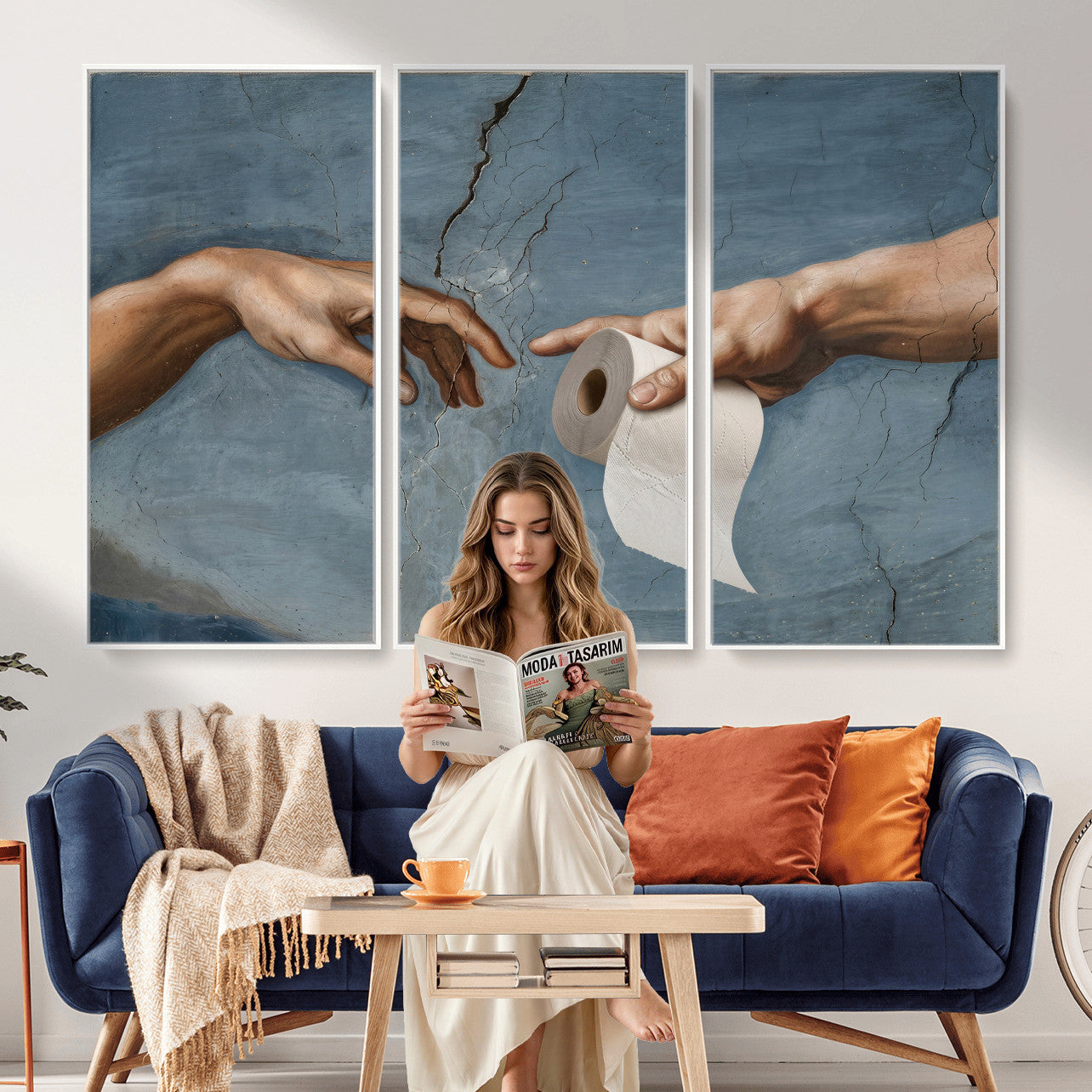 42648143-MGV-CV-36X24 - Funny Bathroom Canvas Wall Art, Michelangelo Creation of Adam Toilet Paper Parody, Renaissance Humor Print, Quirky Housewarming Gift, Toilet Room Decor