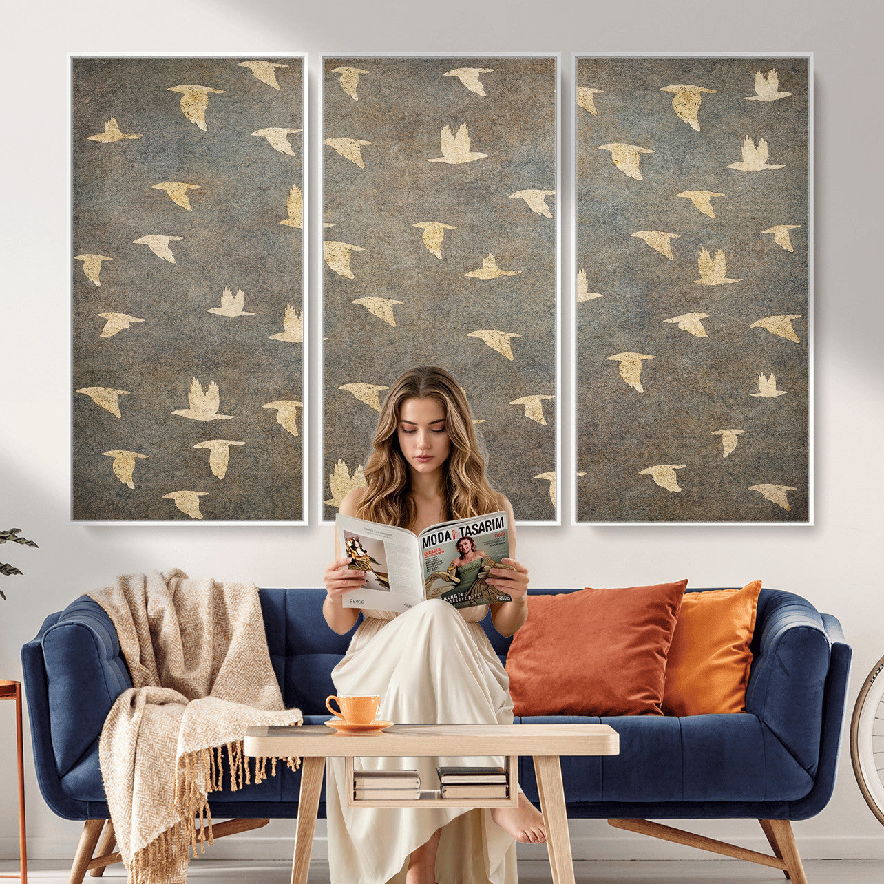 74076164-MGV-CV-36X24 - Flying Birds Canvas Wall Art, Vintage Bird Flock Pattern Print, Grey Gold Abstract Nature Decor, Rustic Bird Silhouette Art, Boho Living Room Decor