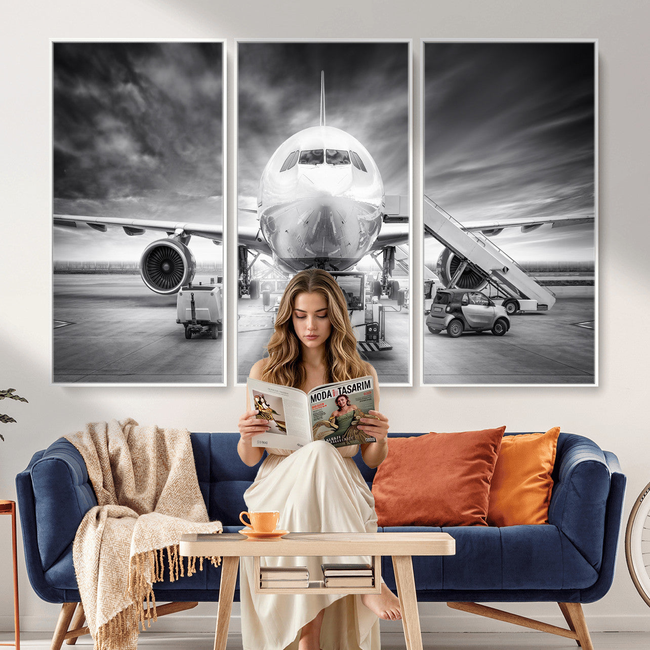 85885848-MGV-CV-36X24 - Airplane Wall Art Canvas Print, Black and White Jet Aircraft Airport Runway Framed Aviation Artwork for Pilot Office Hangar Travel Decor
