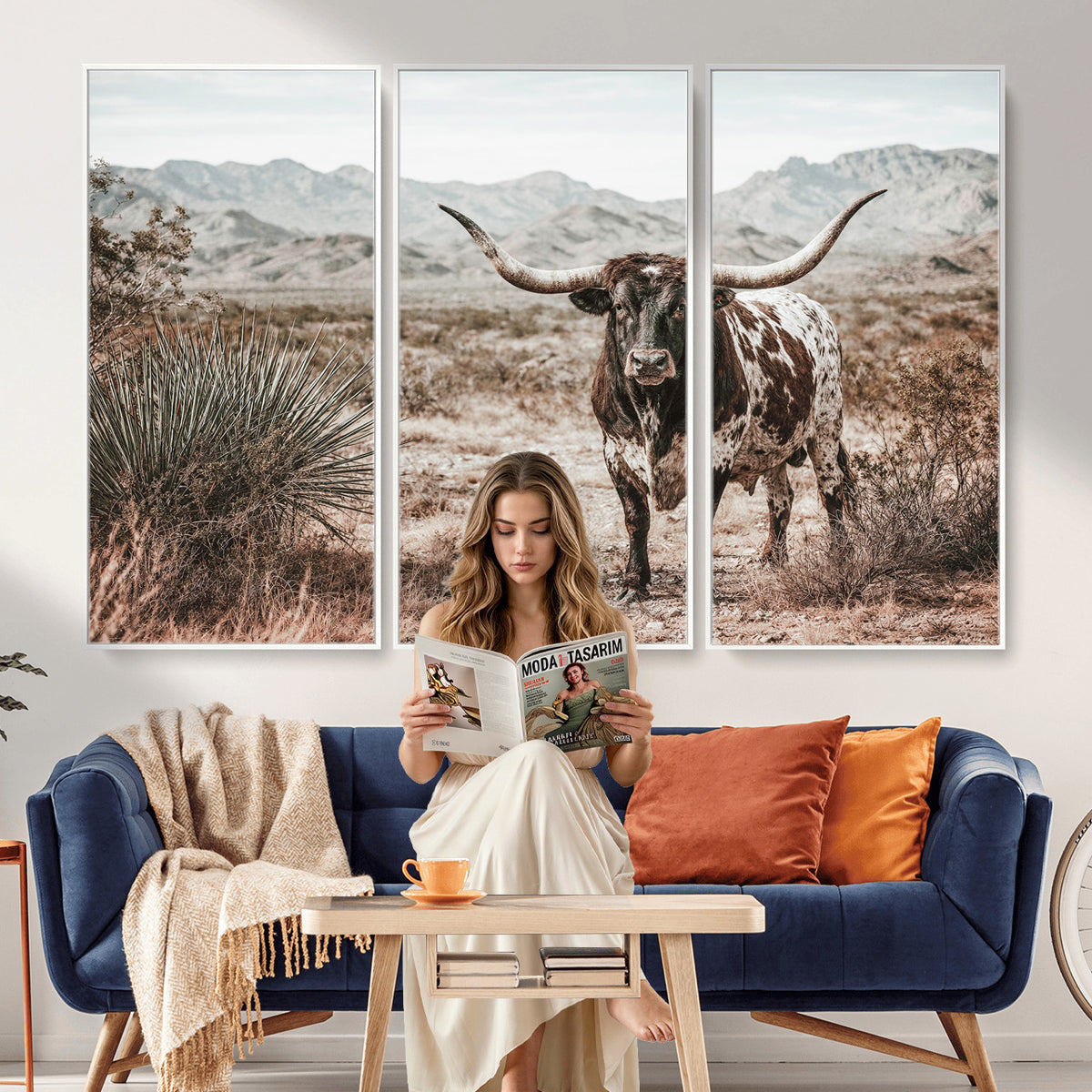 17622011H-MGV-CV-36X24 - Texas Longhorn Bull Wall Art Canvas Print, Western Farmhouse Cowboy Decor, Rustic Texas Ranch Cattle Artwork for Living Room Bedroom Office, Framed Wall Decor
