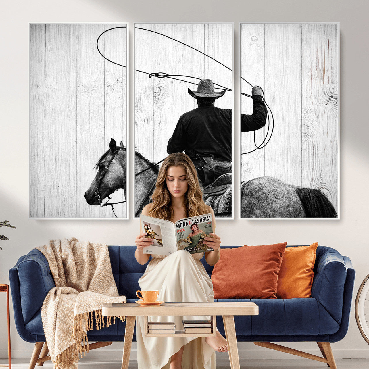 22569358-MGV-CV-36X24 - Cowboy Lasso Canvas Wall Art, Black White Western Horse Photo Print, Rustic Ranch Rodeo Decor, Farmhouse Western Art, Cowboy Gift for Him