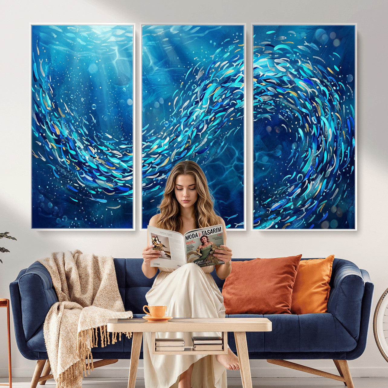 54535639-MGV-CV-36X24 - School of Fish Canvas Print | Blue Ocean Underwater Wall Art | Swirling Fish Shoal Illustration | Marine Navy Coastal Decor