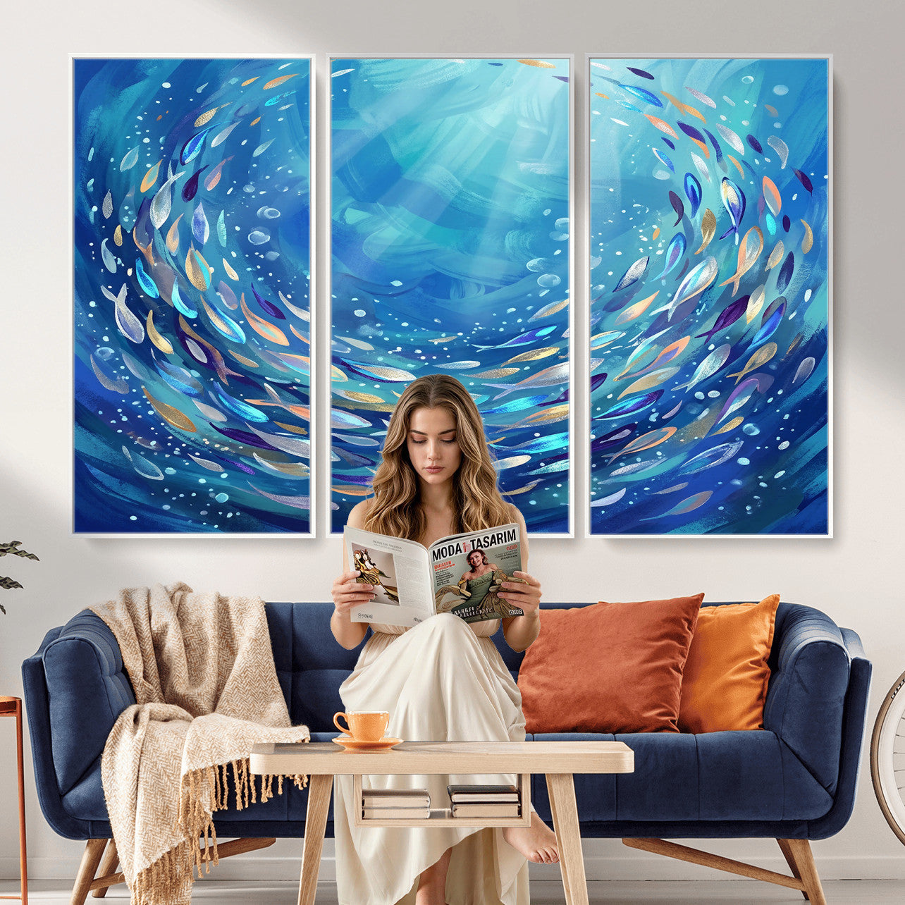 78699899-MGV-CV-36X24 - School of Fish Canvas Print | Blue Ocean Underwater Wall Art | Swirling Fish Shoal Illustration | Marine Navy Coastal Decor
