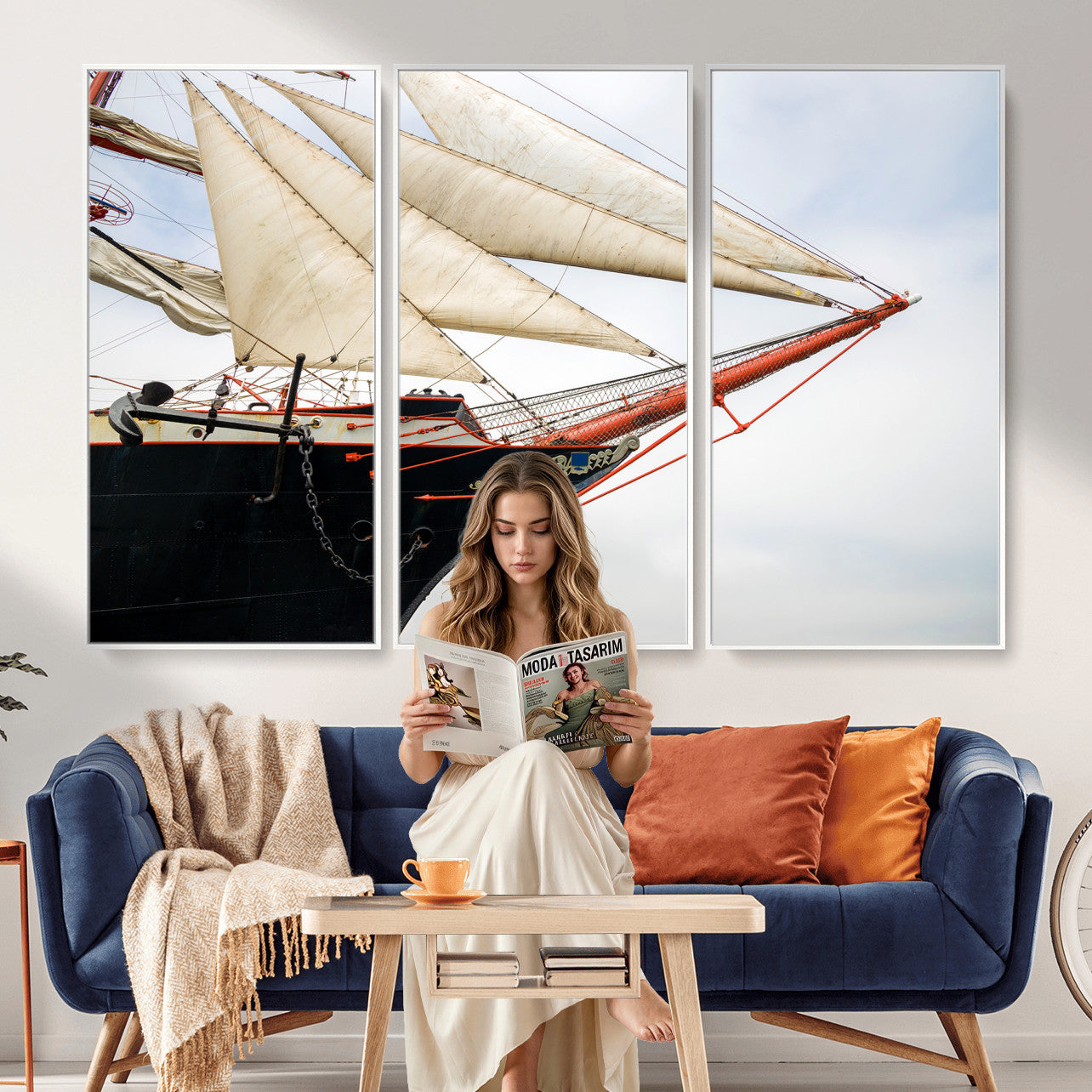 64830036-MGV-CV-36X24 - Sailboat Wall Art Canvas Print, Vintage Ship Bow Framed Artwork, Nautical Sailing Decor for Living Room Office Beach House