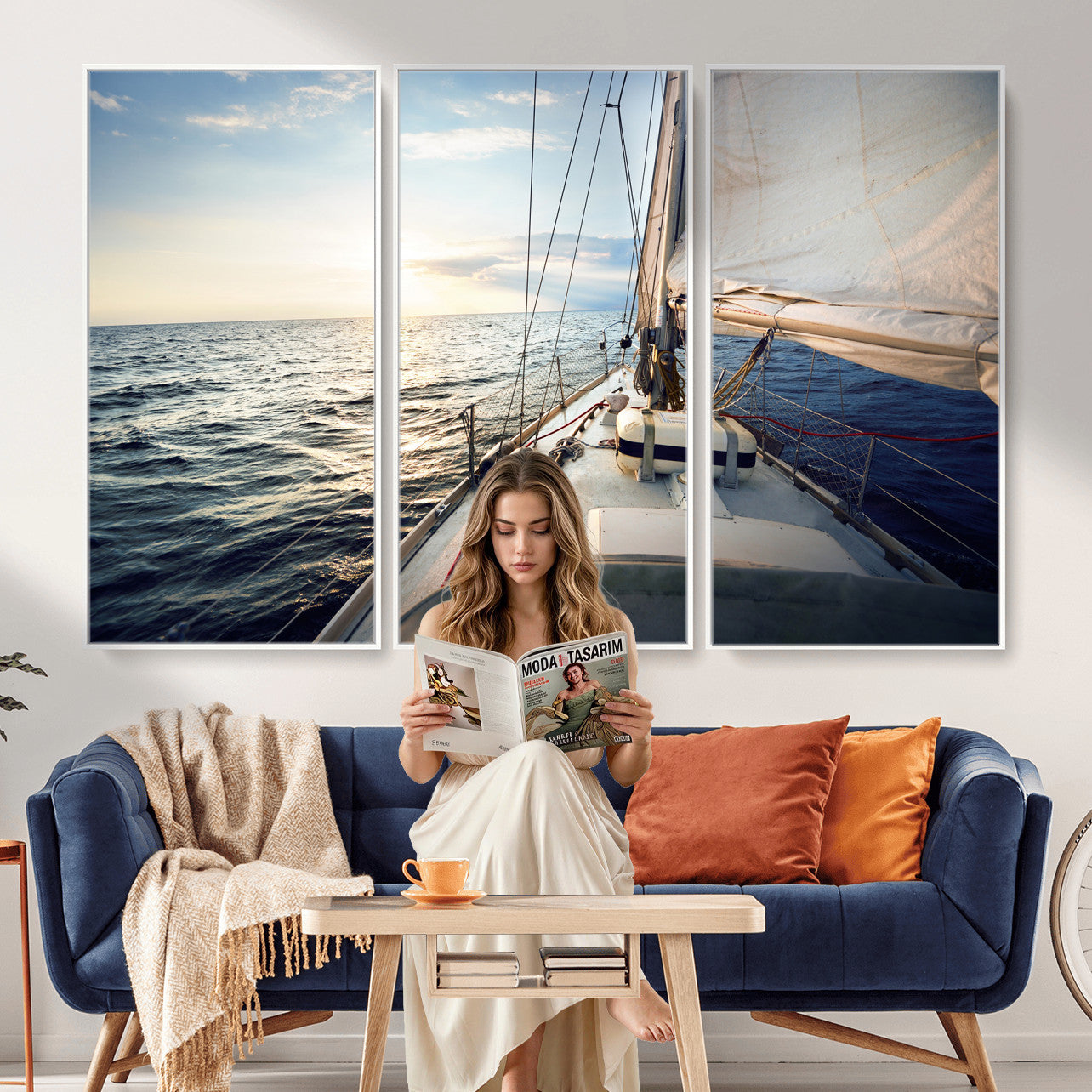 76381335-MGV-CV-36X24 - Sailboat Wall Art Canvas Print, Ocean Sunset Sailing Framed Artwork, Coastal Nautical Seascape Decor for Living Room Office Beach House