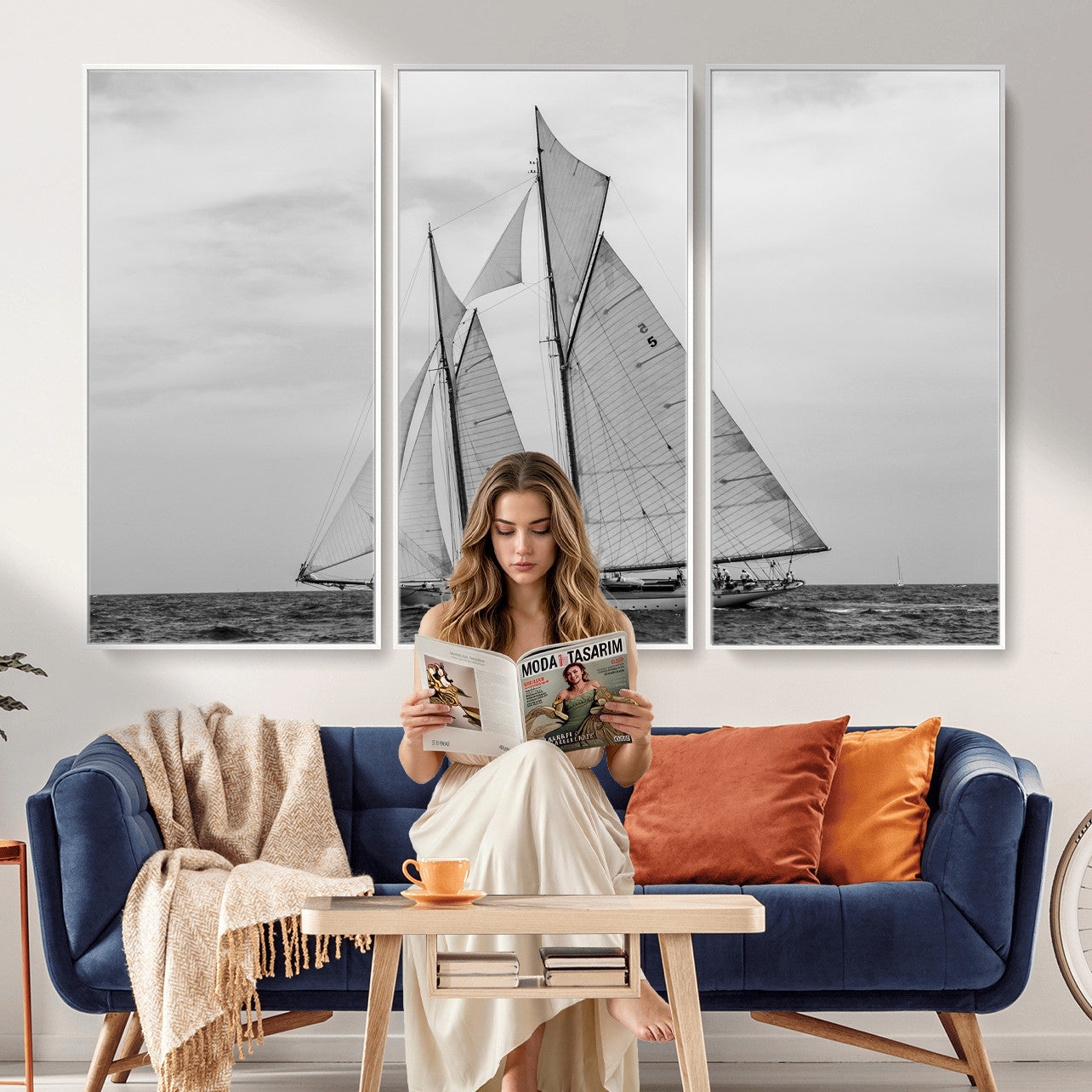 52882918-MGV-CV-36X24 - Vintage Sailboat Wall Art Canvas Print, Black and White Schooner Framed Artwork, Nautical Ocean Sailing Decor for Living Room Office Beach House