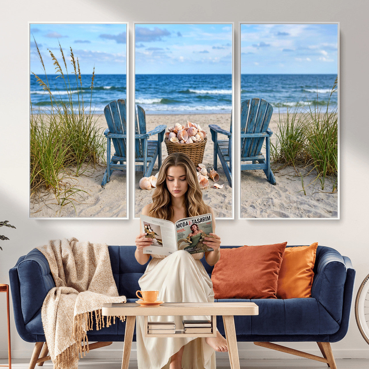 80268829-MGV-CV-36X24 - Large Beach Canvas Wall Art Coastal Adirondack Chairs Ocean Seashells Blue Nautical Framed Large for Living Room Bedroom Bathroom Decor