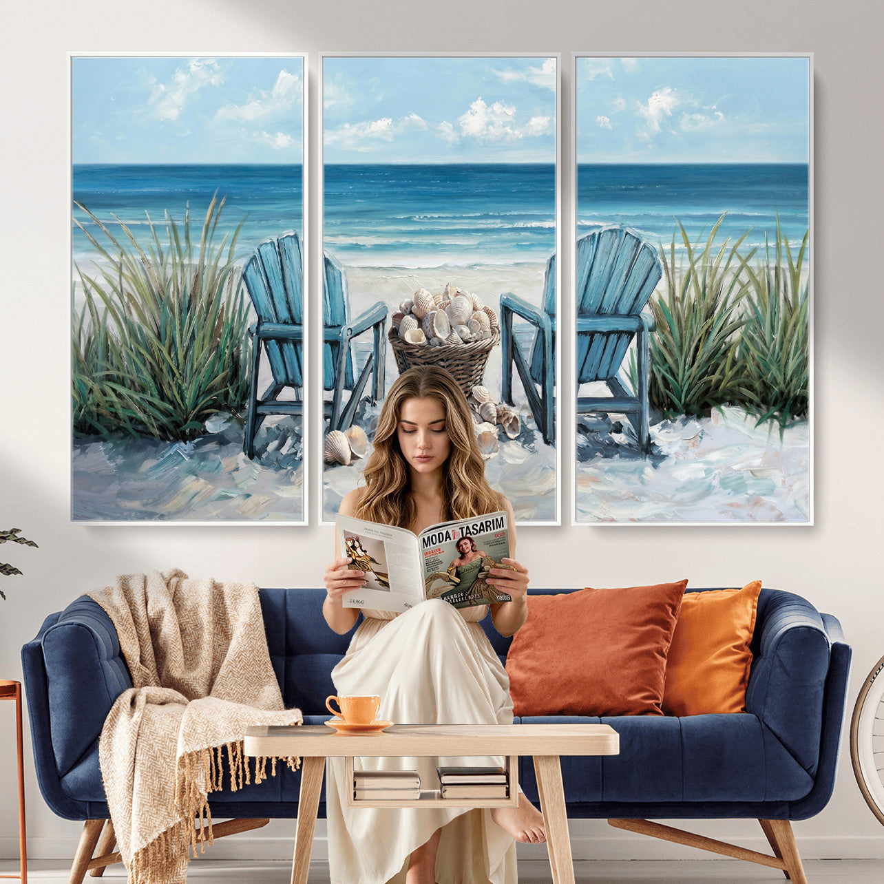 11973028-MGV-CV-36X24 - Beach Canvas Wall Art Coastal Adirondack Chairs Ocean Seashells Blue Nautical Framed Large for Living Room Bedroom Bathroom Decor