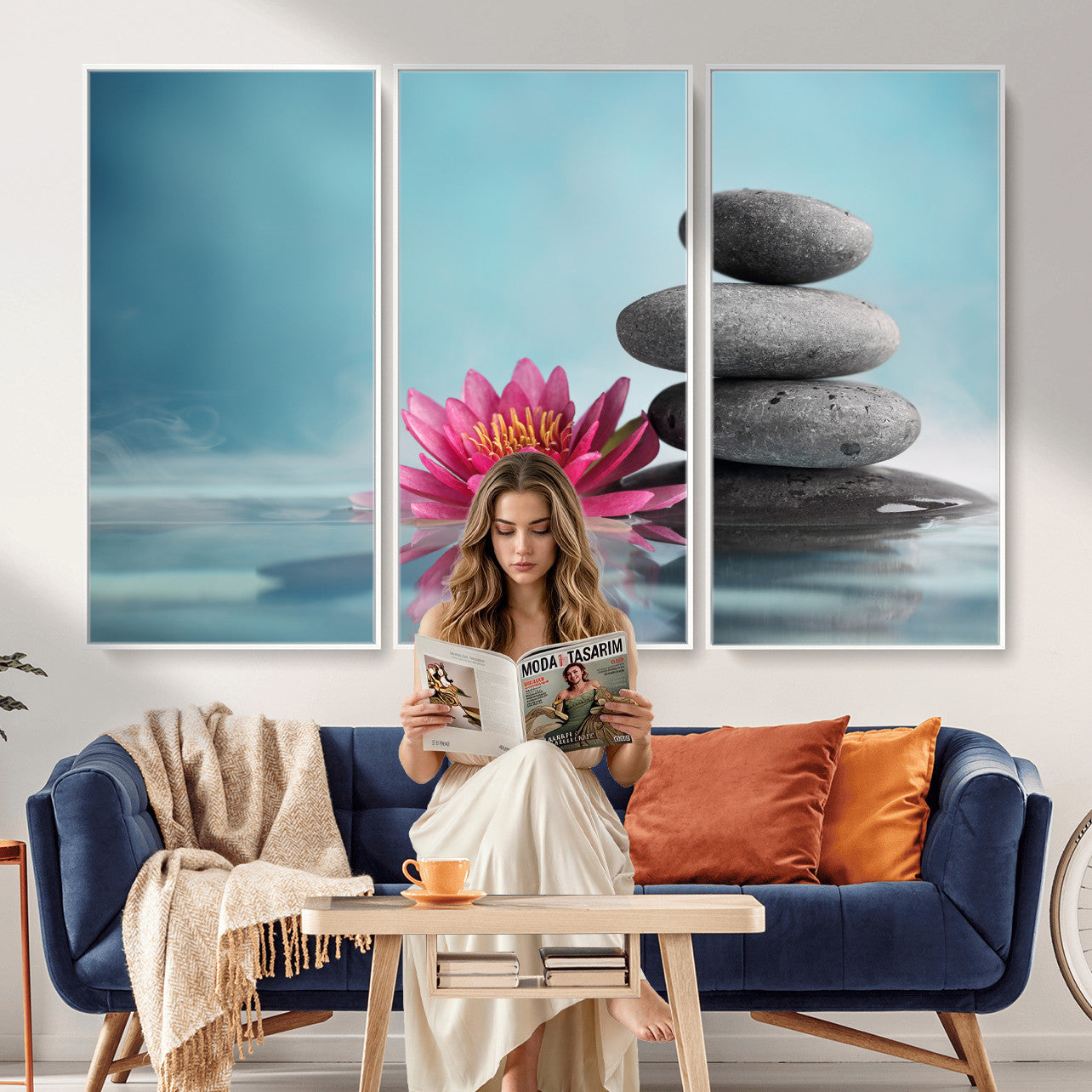 84293154-MGV-CV-36X24 - Zen Canvas Wall Art Lotus Flower Stacked Stones Teal Spa Meditation Relaxation Framed Large for Bathroom Bedroom Living Room Office Decor