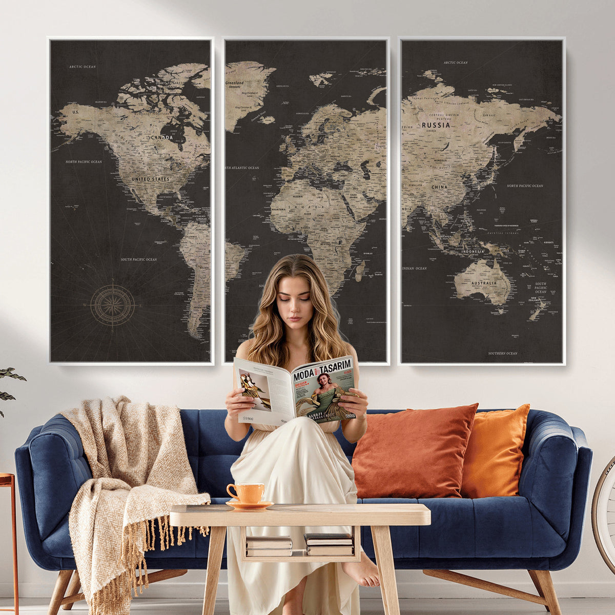 56556018136-MGV-CV-36X24 - World Map Canvas Wall Art, Dark Charcoal and Antique Tan Detailed Map