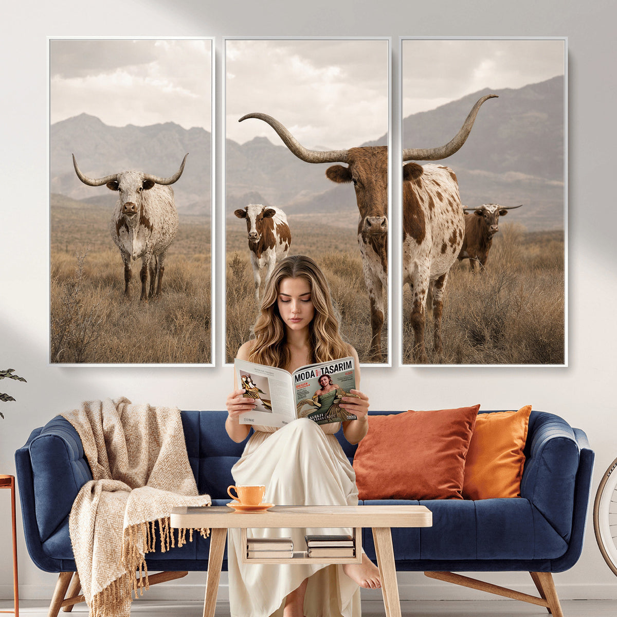 62336425AD-MGV-CV-36X24 - Rustic Texas Longhorn Cow Canvas Wall Art Print, Rustic Farm Animal Photography Print, Farmhouse Country Decor, Western Ranch Art