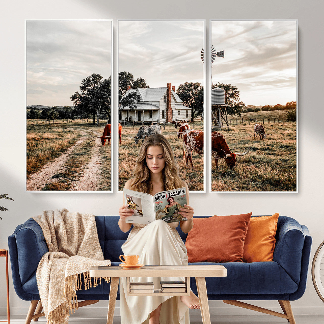92429425-MGV-CV-36X24 - Texas Longhorn Ranch Wall Art Canvas Print, Rustic Western Farmhouse Decor, Country Landscape Canvas Wall Art, Vintage Cowboy Ranch Picture