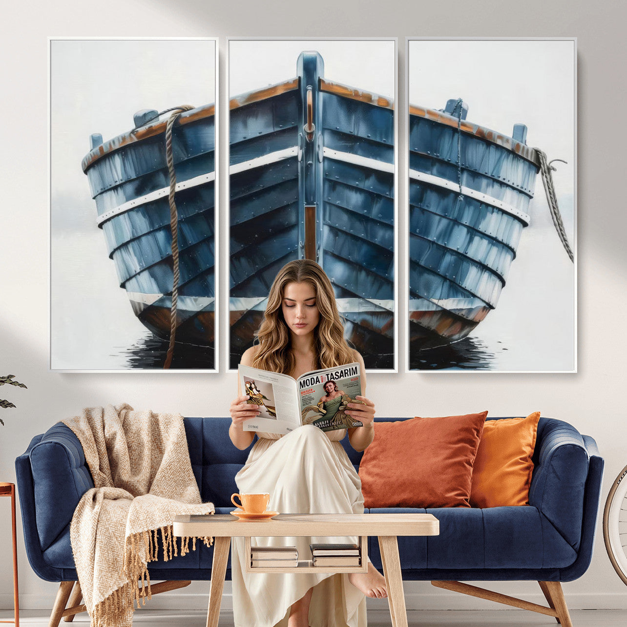 21601740-MGV-CV-36X24 - Blue Wooden Rowboat Canvas Wall Art, Coastal Nautical Boat Painting Print for Lake Beach House Decor, Minimalist Maritime Decor Artwork