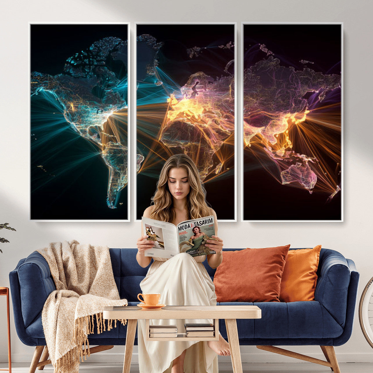 14891737-MGV-CV-36X24 - World Map and Global Flight Routes Map Canvas Wall Art, Worldwide Aviation Network Print, International Air Travel Wall Decor
