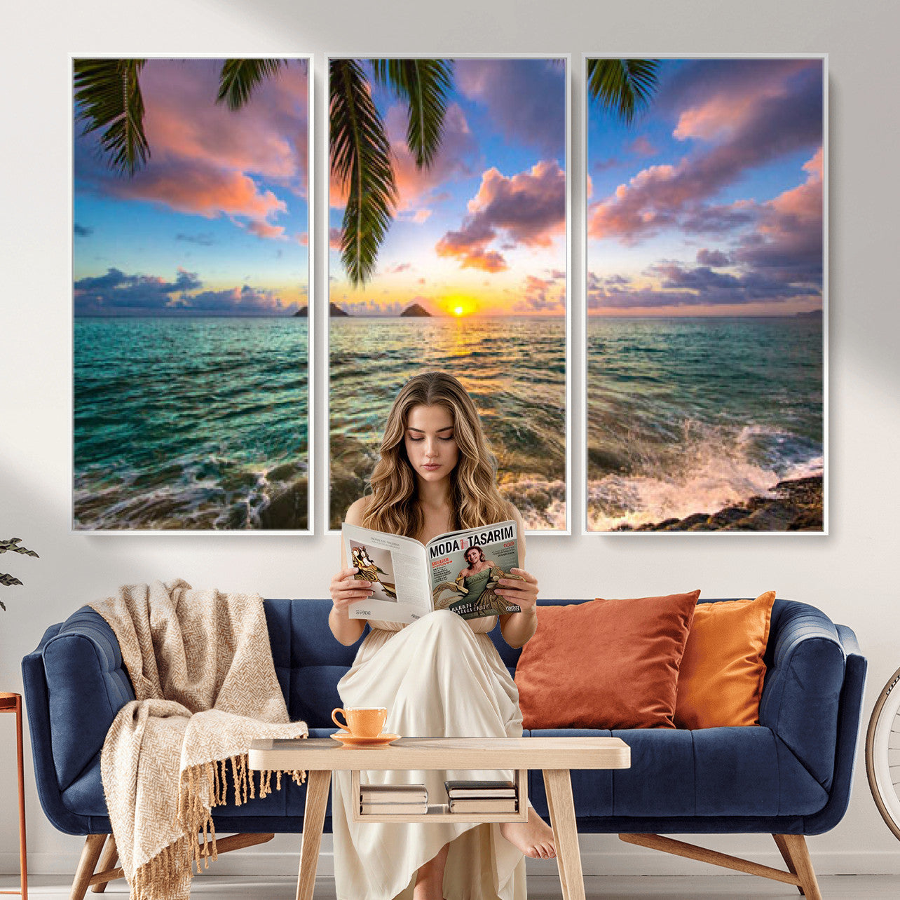 13207742-MGV-CV-36X24 - Hawaii Beach Sunset Canvas Wall Art Print, Tropical Ocean Landscape Artwork, Palm Tree Coastal Decor for Living Room Bedroom