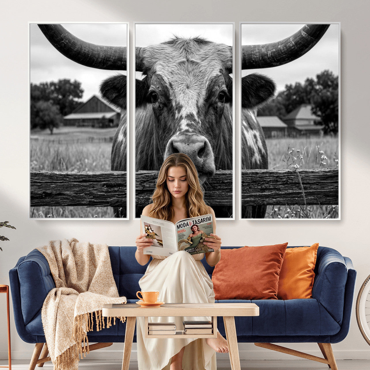 59378683B-MGV-CV-36X24 - Black White Texas Longhorn Bull Canvas Wall Art, Western Ranch Cattle Photography Print, Rustic Farmhouse Cowboy Decor Artwork