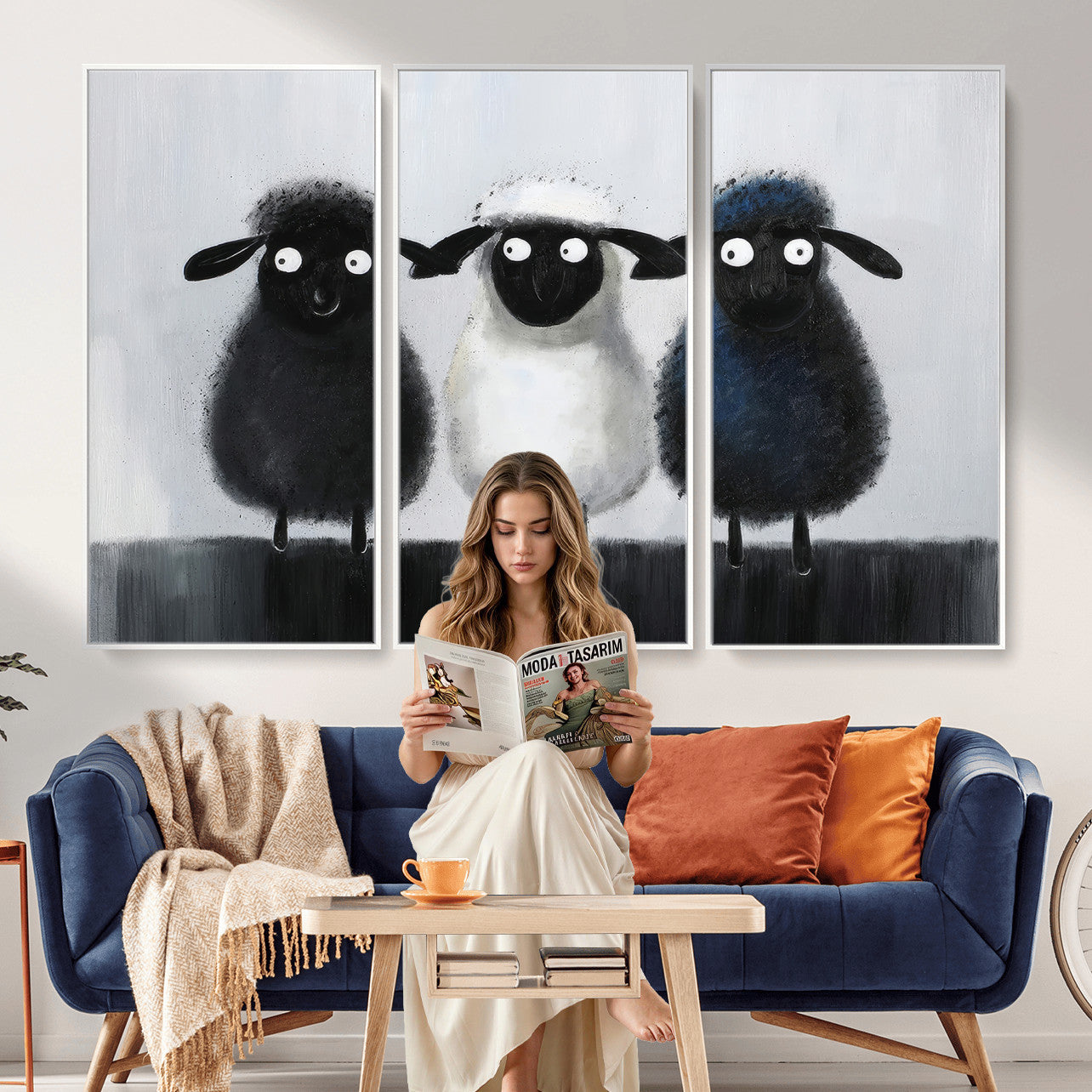 45650028-MGV-CV-36X24 - Funny Sheep Canvas Wall Art, Three Quirky Sheep Painting Print, Cute Animal Nursery Decor, Black White Navy Farmhouse Art, Kids Room Gift