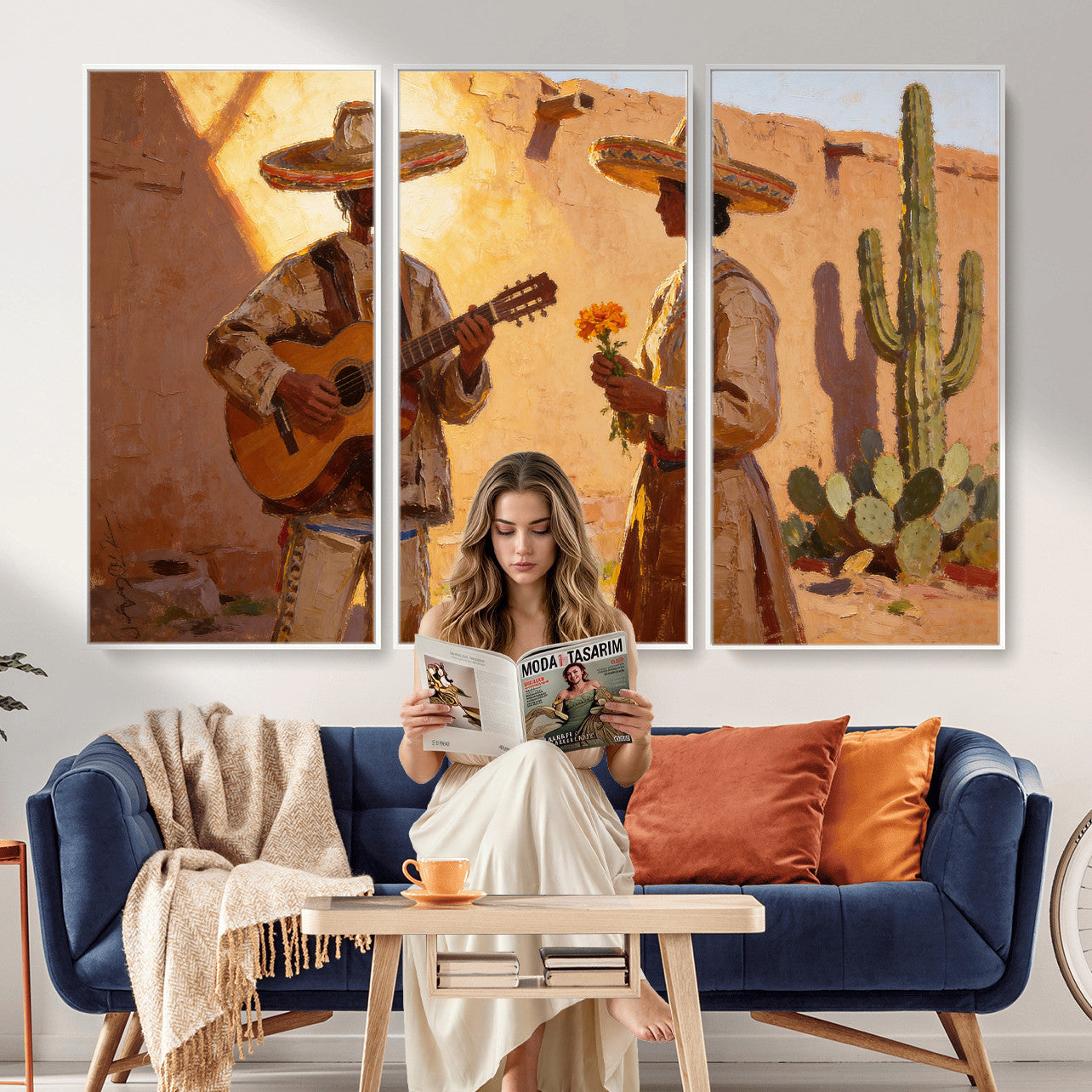 41849005-MGV-CV-36X24 - Mexican Couple Canvas Wall Art, Romantic Serenade Guitar Painting Print, Southwestern Desert Adobe Decor, Warm Golden Folk Art, Living Room Art