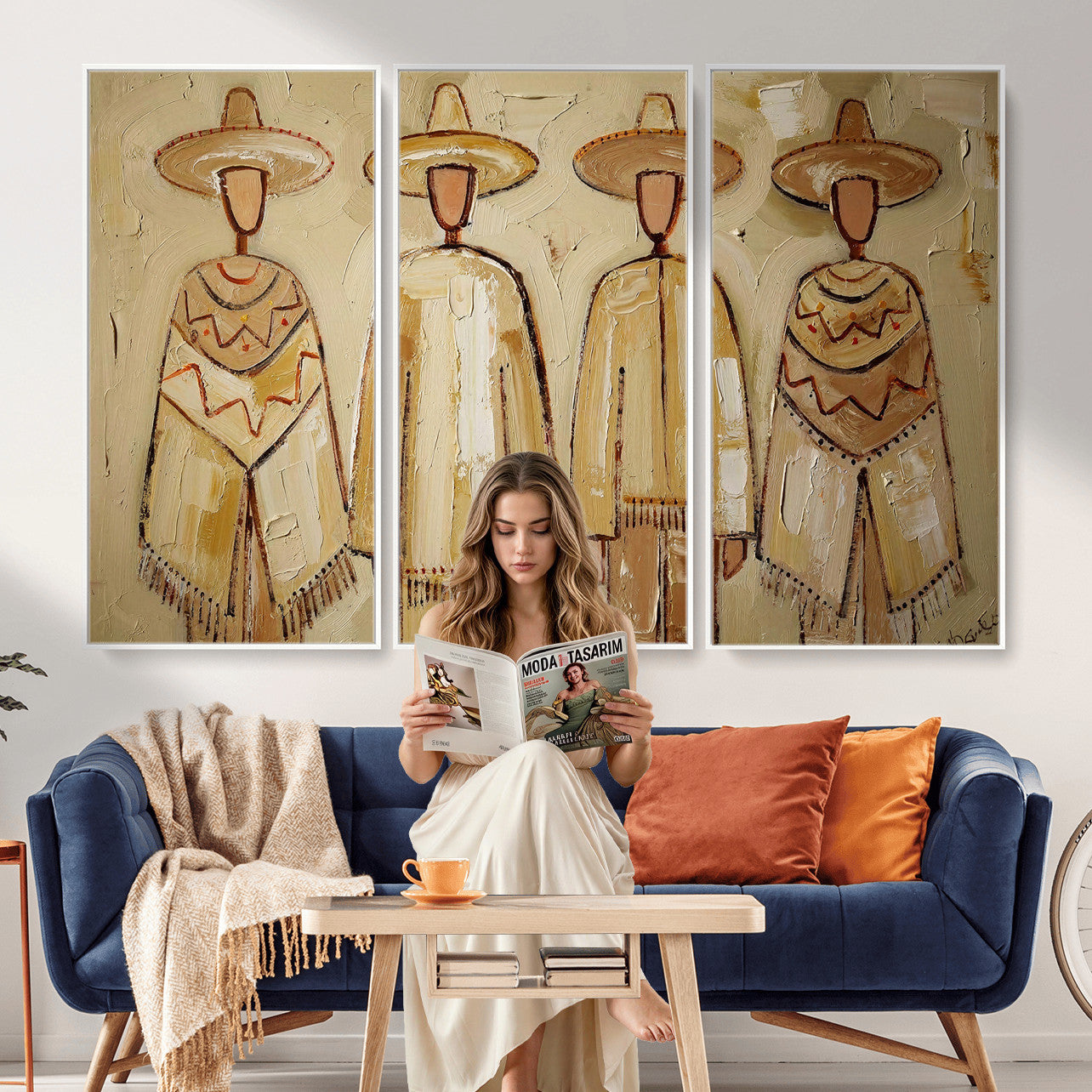 46071653-MGV-CV-36X24 - Mexican Folk Art Canvas Wall Art, Charro Poncho Sombrero Painting Print, Neutral Beige Boho Decor, Southwestern Impasto Style, Living Room Art