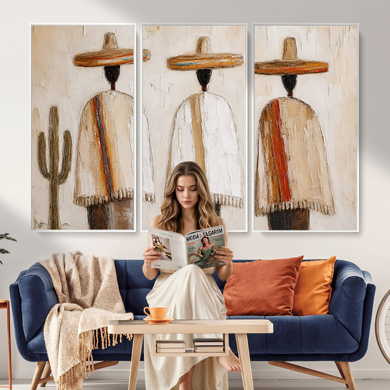 72884785-MGV-CV-36X24 - Mexican Folk Art Canvas Wall Art, Southwestern Sombrero Poncho Painting, Neutral Earthy Boho Decor, Fiesta Living Room Art, Impasto Style Print