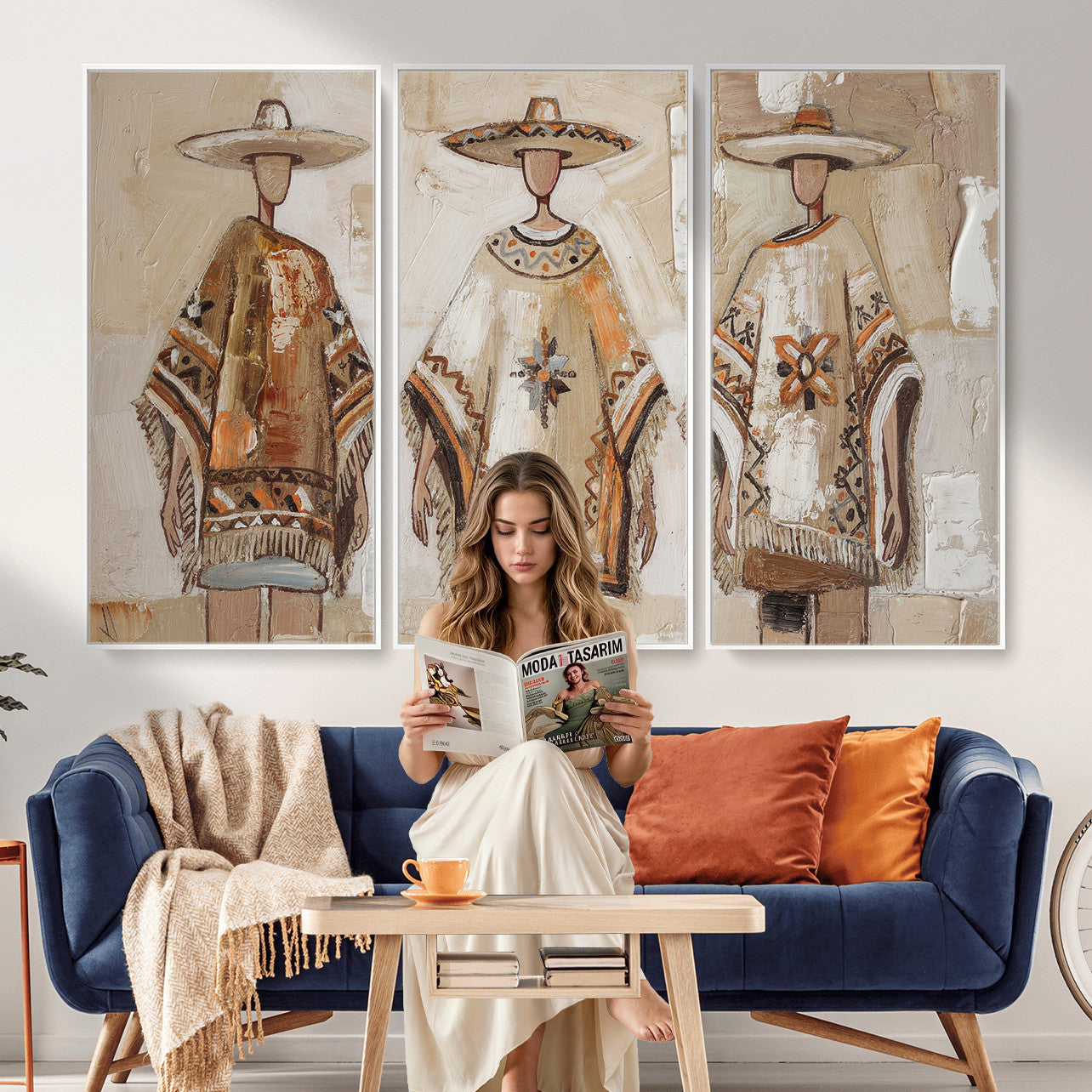 85373290-MGV-CV-36X24 - Mexican Folk Art Canvas Wall Art, Charro Poncho Sombrero Painting Print, Neutral Beige Boho Decor, Southwestern Impasto Style, Living Room Art