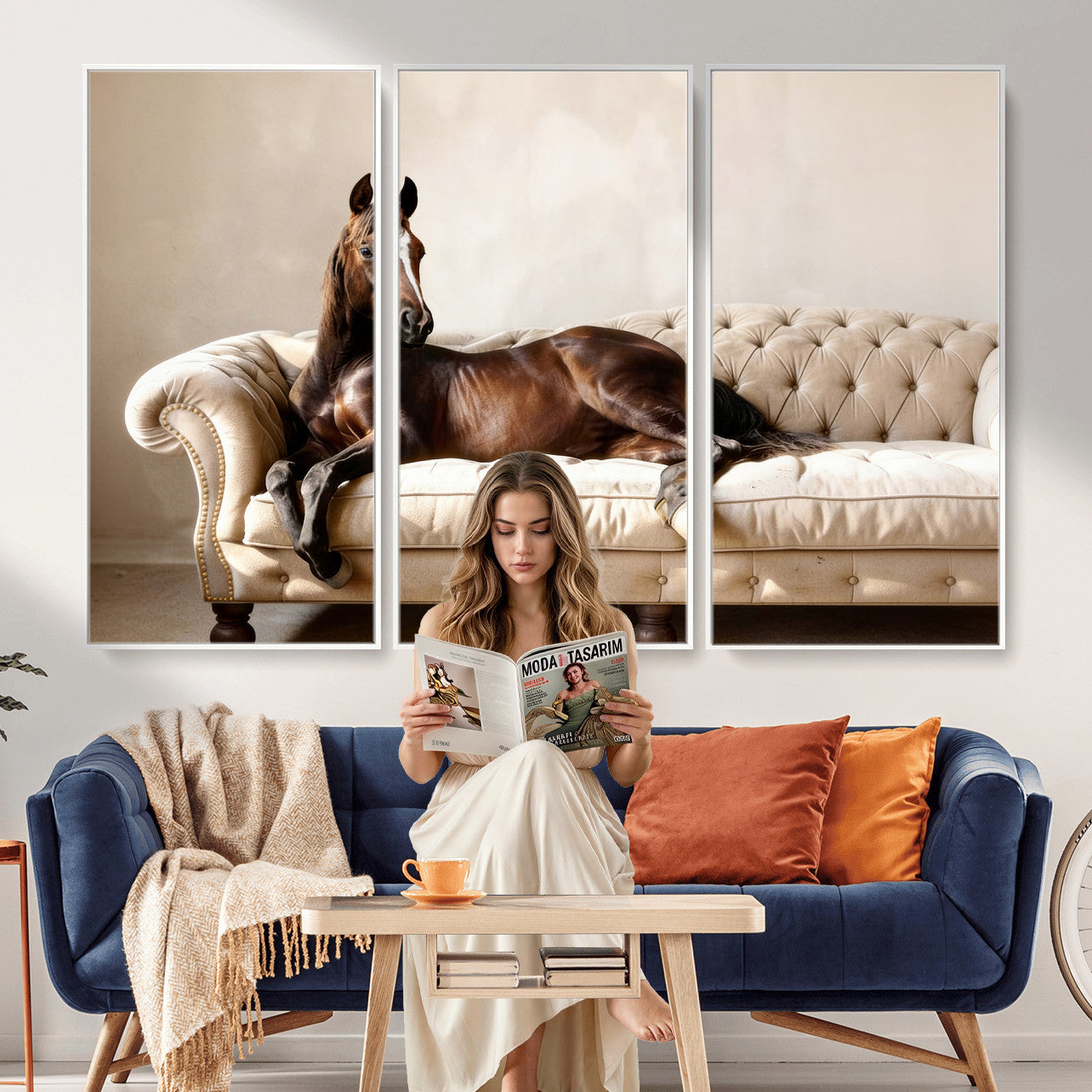17716841-MGV-CV-36X24 - Funny Horse on Sofa Canvas Wall Art, Quirky Horse Lounging Photo Print, Whimsical Animal Decor, Living Room Conversation Art, Horse Lover Gift