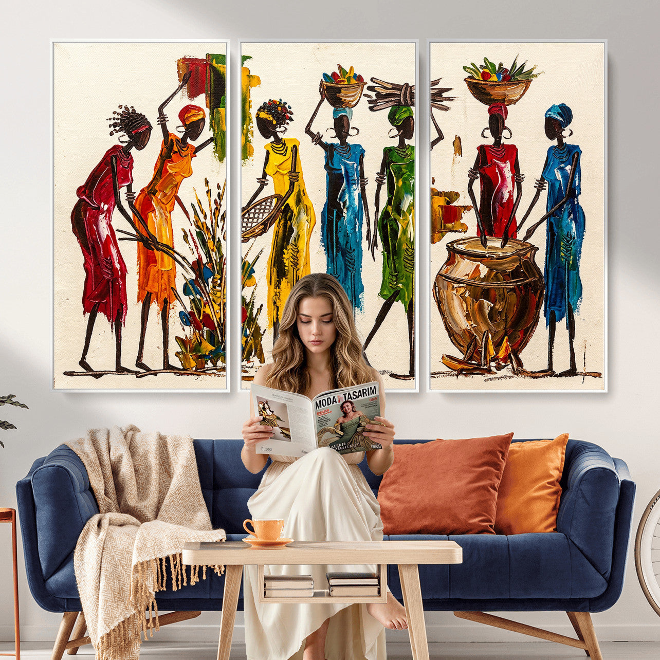 83463154-MGV-CV-36X24 - African Folk Art Canvas Wall Art, Colorful African Women Village Painting Print, Tribal Ethnic Home Decor, Vibrant African Art, Living Room