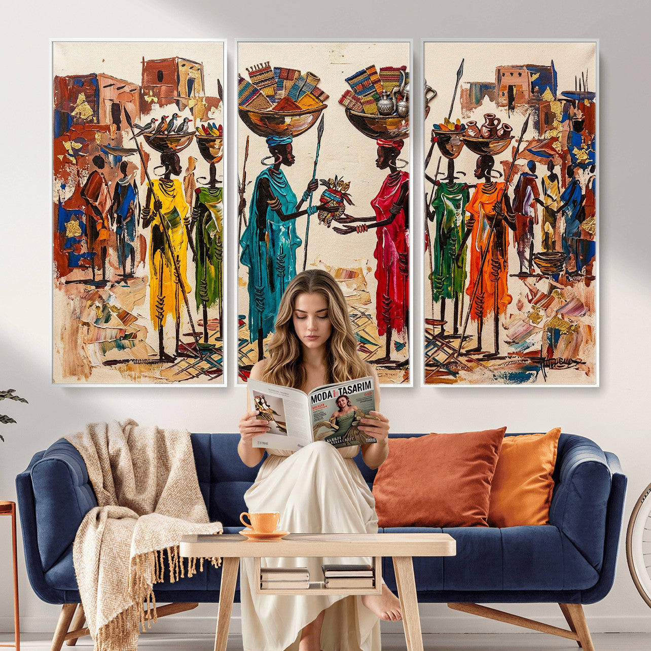 54818657-MGV-CV-36X24 - African Folk Art Canvas Wall Art, Colorful African Women Village Painting Print, Tribal Ethnic Home Decor, Vibrant African Art, Living Room