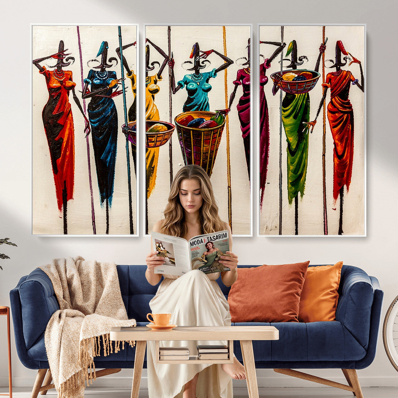 53545627-MGV-CV-36X24 - African Folk Art Canvas Wall Art, Colorful African Women Village Painting Print, Tribal Ethnic Home Decor, Vibrant African Art, Living Room