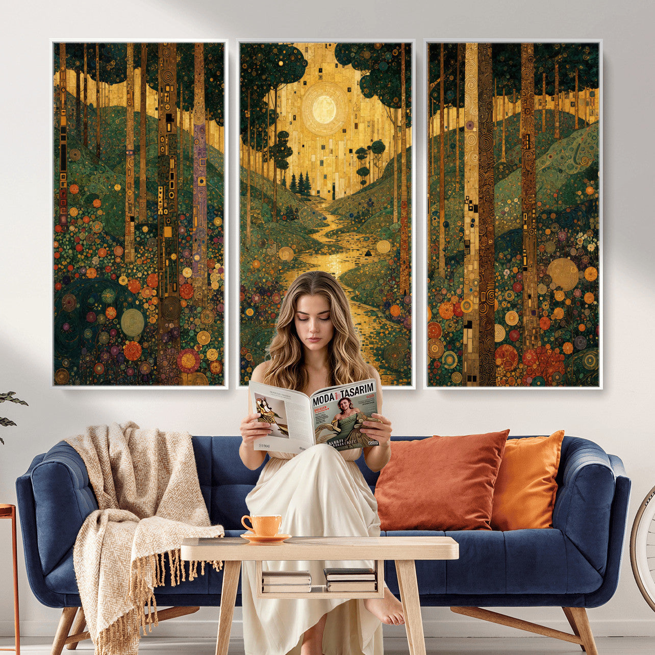 79483321GS-MGV-CV-48X32-3P - Gustav Klimt Style Forest Canvas Wall Art, Golden Forest Path Floral Art Nouveau Print, Enchanted Woodland Decor