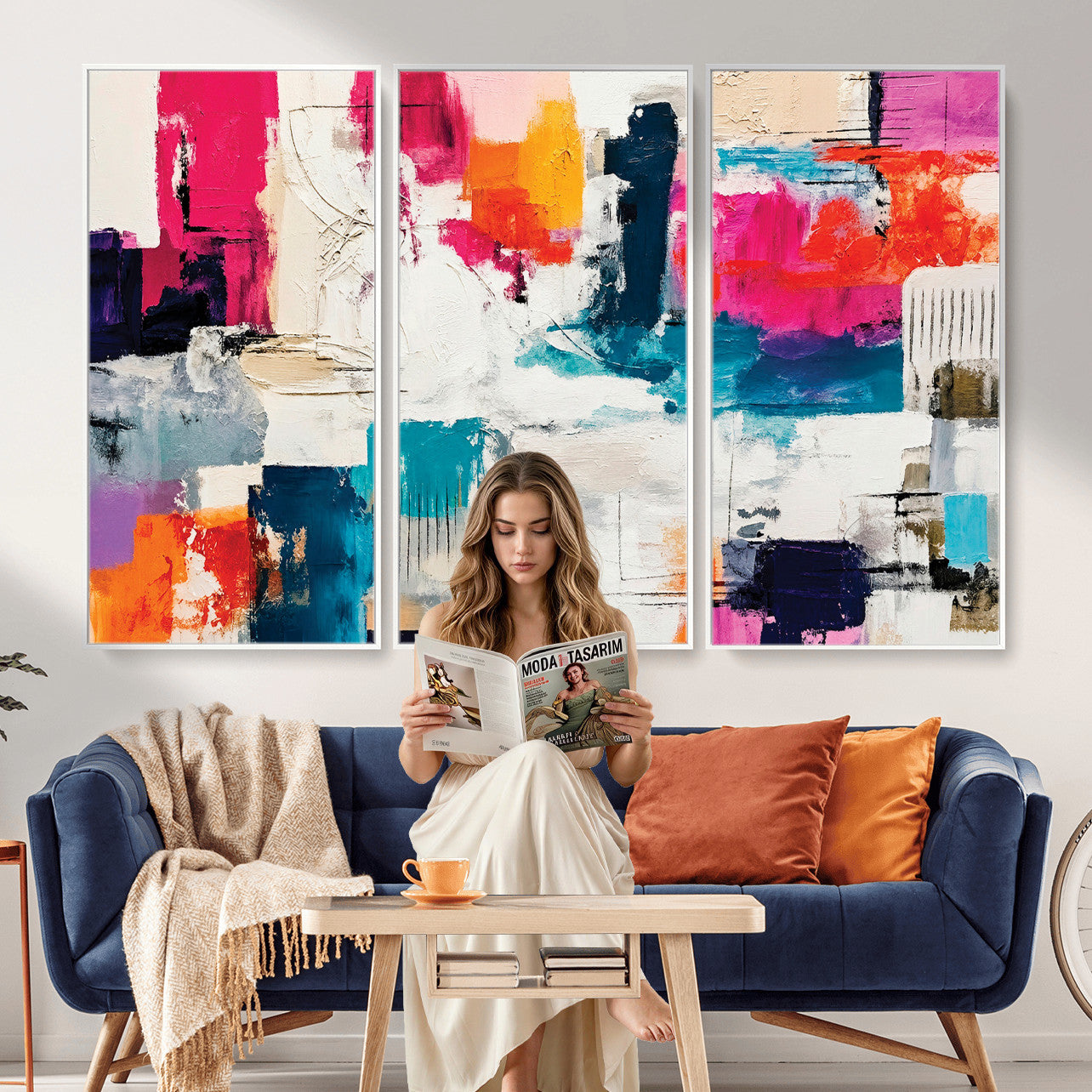 57864023-MGV-CV-36X24 - Blue Teal Abstract Canvas Wall Art | Modern Textured Painting Print, Navy Orange White Contemporary Art, Neutral Living Room Decor, Office Art