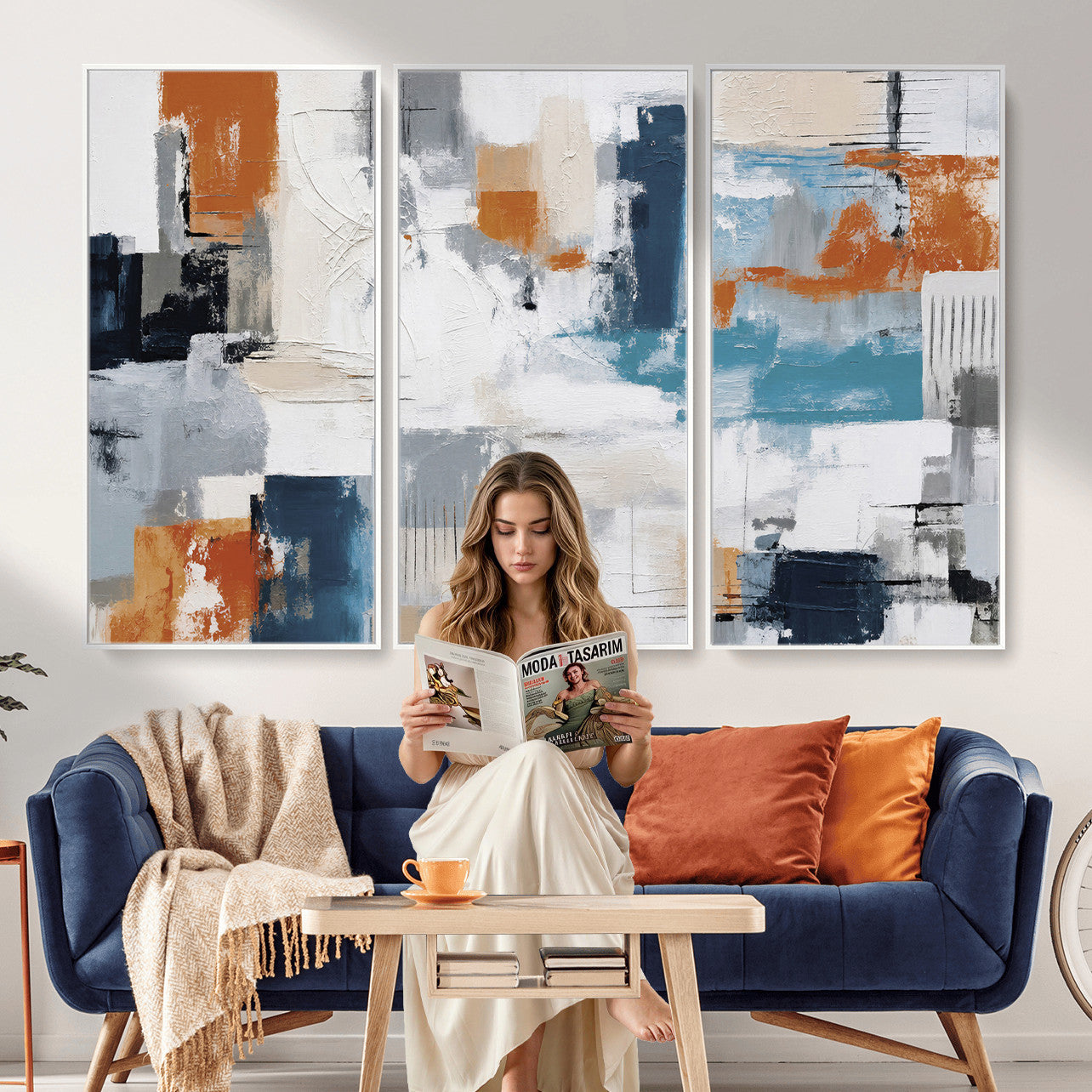 44950303-MGV-CV-36X24 - Blue Teal Abstract Canvas Wall Art, Modern Textured Painting Print, Navy Orange White Contemporary Art, Neutral Living Room Decor, Office Art
