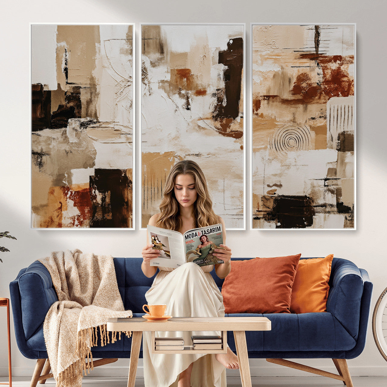 26560159-MGV-CV-36X24 - Blue Teal Abstract Canvas Wall Art, Modern Textured Painting Print, Navy Orange White Contemporary Art, Neutral Living Room Decor, Office Art