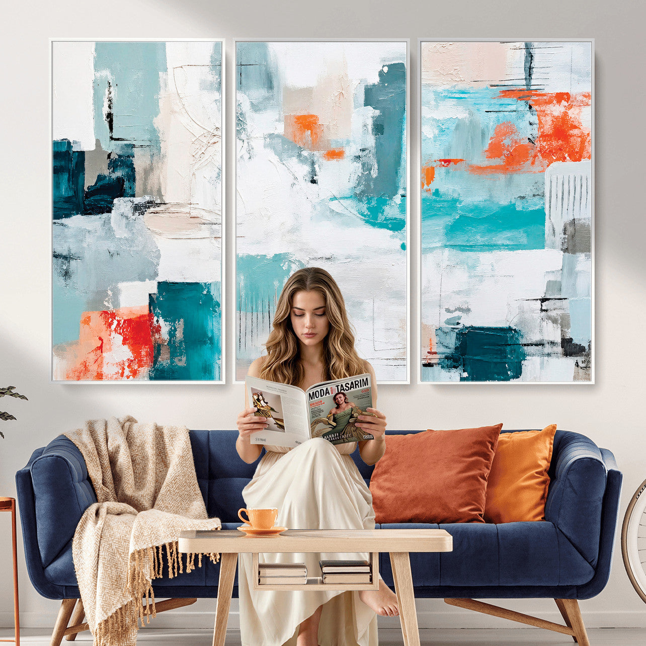 98638479-MGV-CV-36X24 - Blue Teal Abstract Canvas Wall Art | Modern Textured Painting Print, Navy Orange White Contemporary Art, Neutral Living Room Decor, Office Art