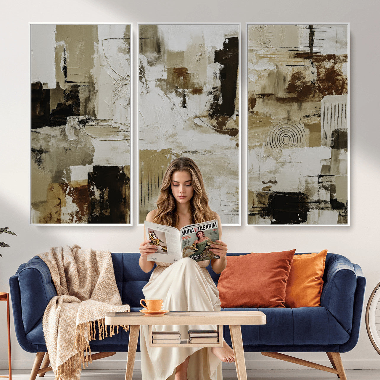 15668286-MGV-CV-36X24 - Blue Teal Abstract Canvas Wall Art, Modern Textured Painting Print, Navy Orange White Contemporary Art, Neutral Living Room Decor, Office Art