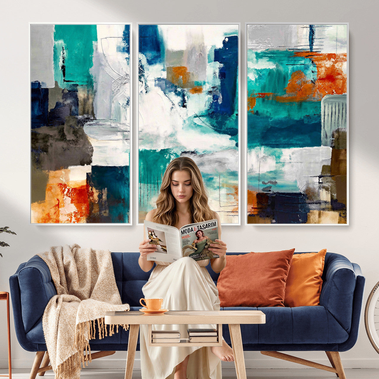44038089-MGV-CV-36X24 - Blue Teal Abstract Canvas Wall Art, Modern Textured Painting Print, Navy Orange White Contemporary Art, Neutral Living Room Decor, Office Art