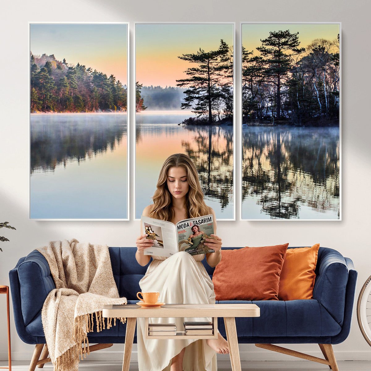 34236027-MGV-CV-36X24 - Before People Wake Canvas Wall Art Print, Misty Lake Sunrise Landscape, Forest Reflection Nature Decor, Ready to Hang