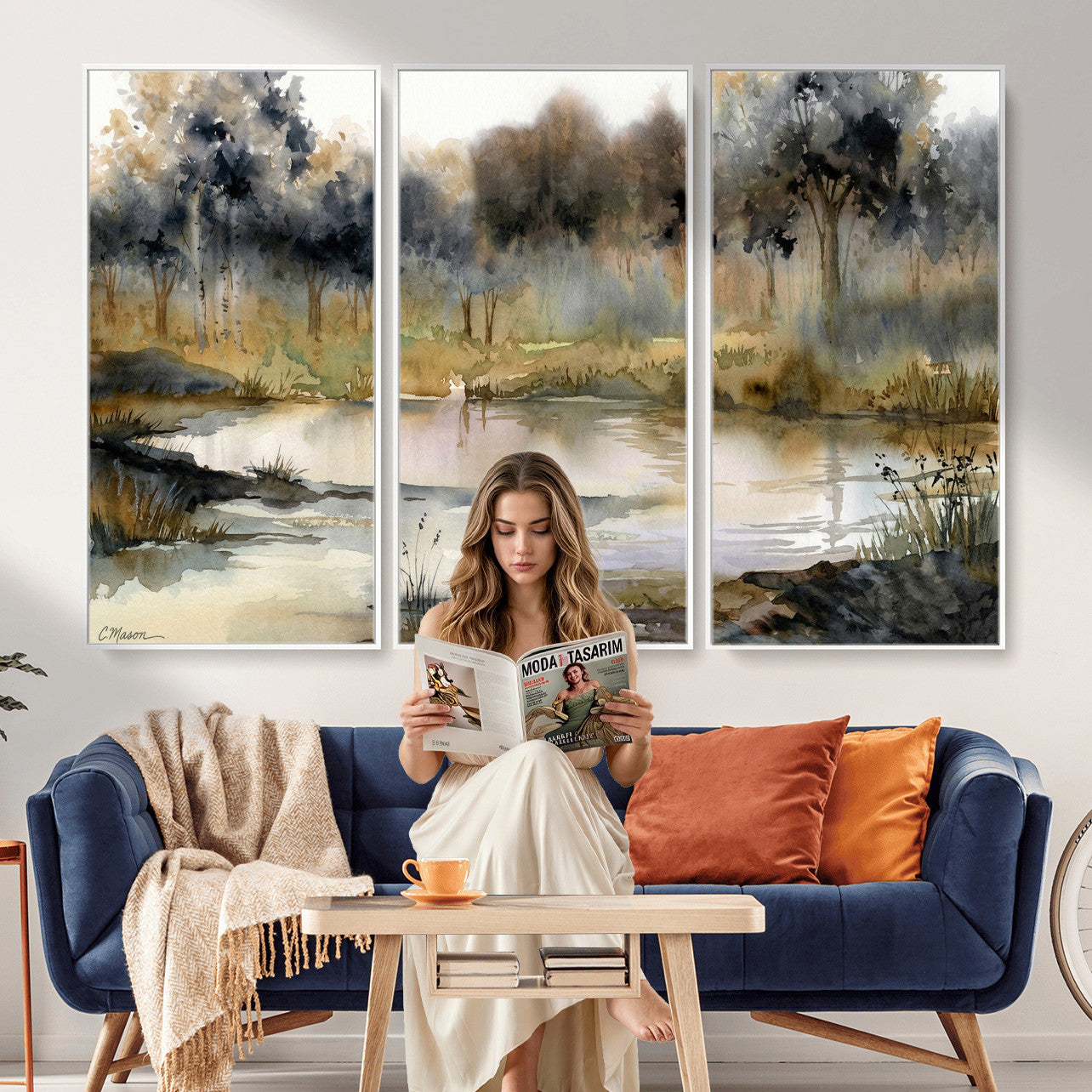 27383609-MGV-CV-36X24 - Abstract WatercolorAutumn Lake Canvas Wall Art Print, Misty Forest Landscape, Rustic Nature Painting, Cabin Wall Decor, Ready to Hang