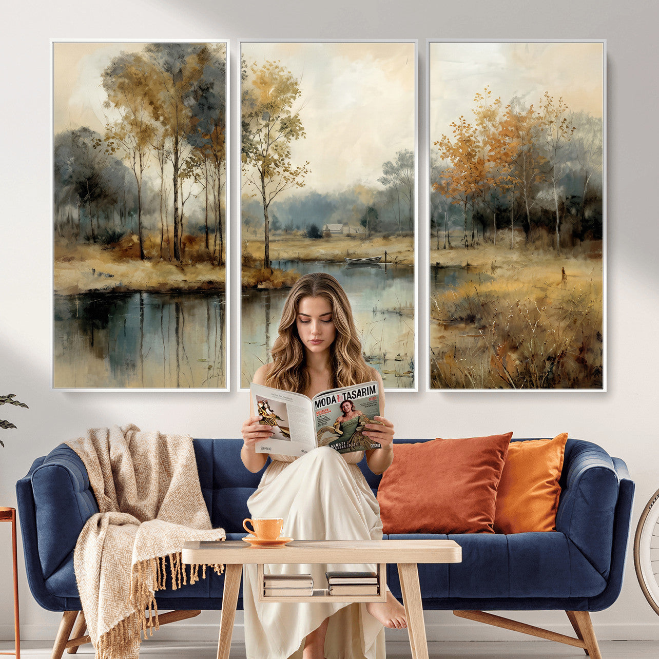 74391095-MGV-CV-36X24 - Abstract WatercolorAutumn Lake Canvas Wall Art Print, Misty Forest Landscape, Rustic Nature Painting, Cabin Wall Decor, Ready to Hang