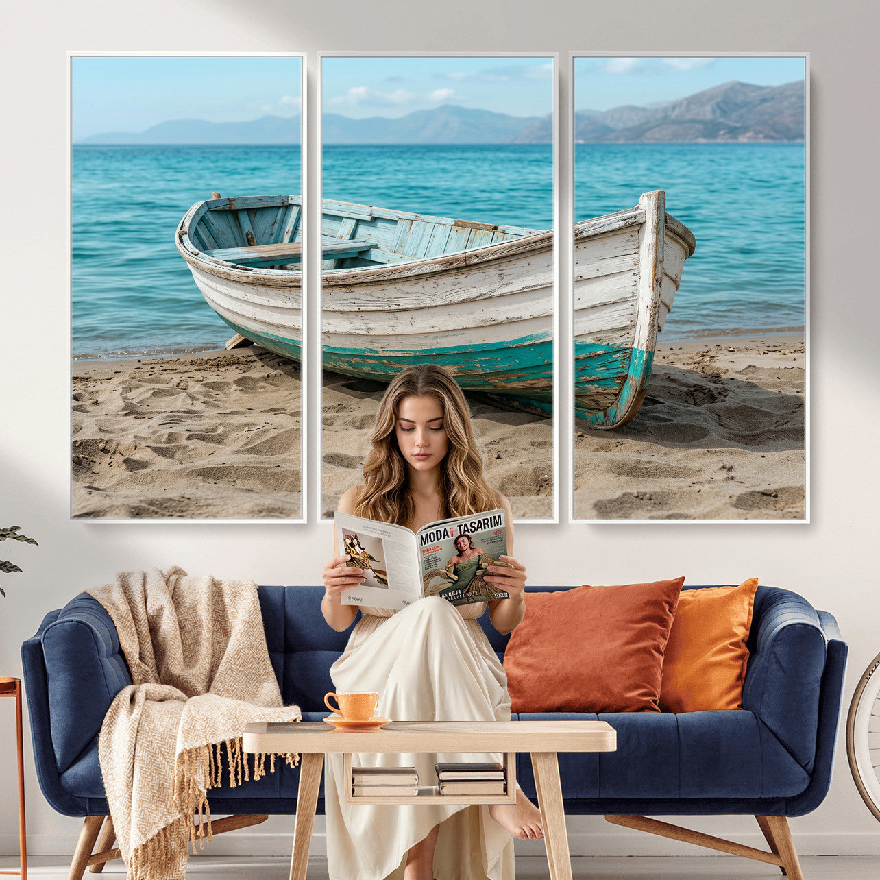 49963709-MGV-CV-36X24 - Coastal Boat Canvas Wall Art Print, Beach Boat Painting, Nautical Ocean Decor, Seascape Wall Art, Ready to Hang