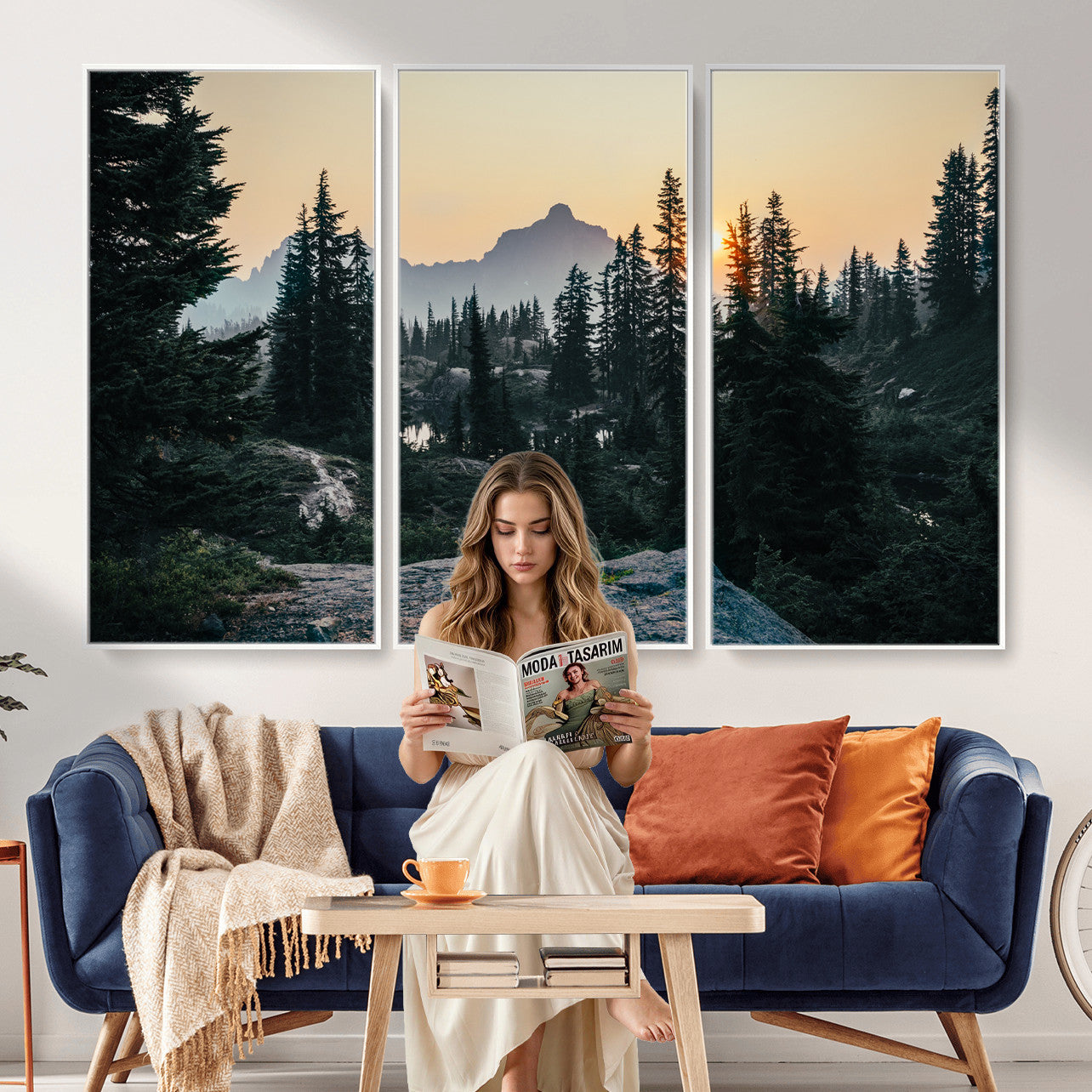 89996020-MGV-CV-36X24 - Mountain Forest Canvas Wall Art Print, Pine Tree Landscape, Sunset Nature Photography, Wilderness Wall Decor, Ready to Hang