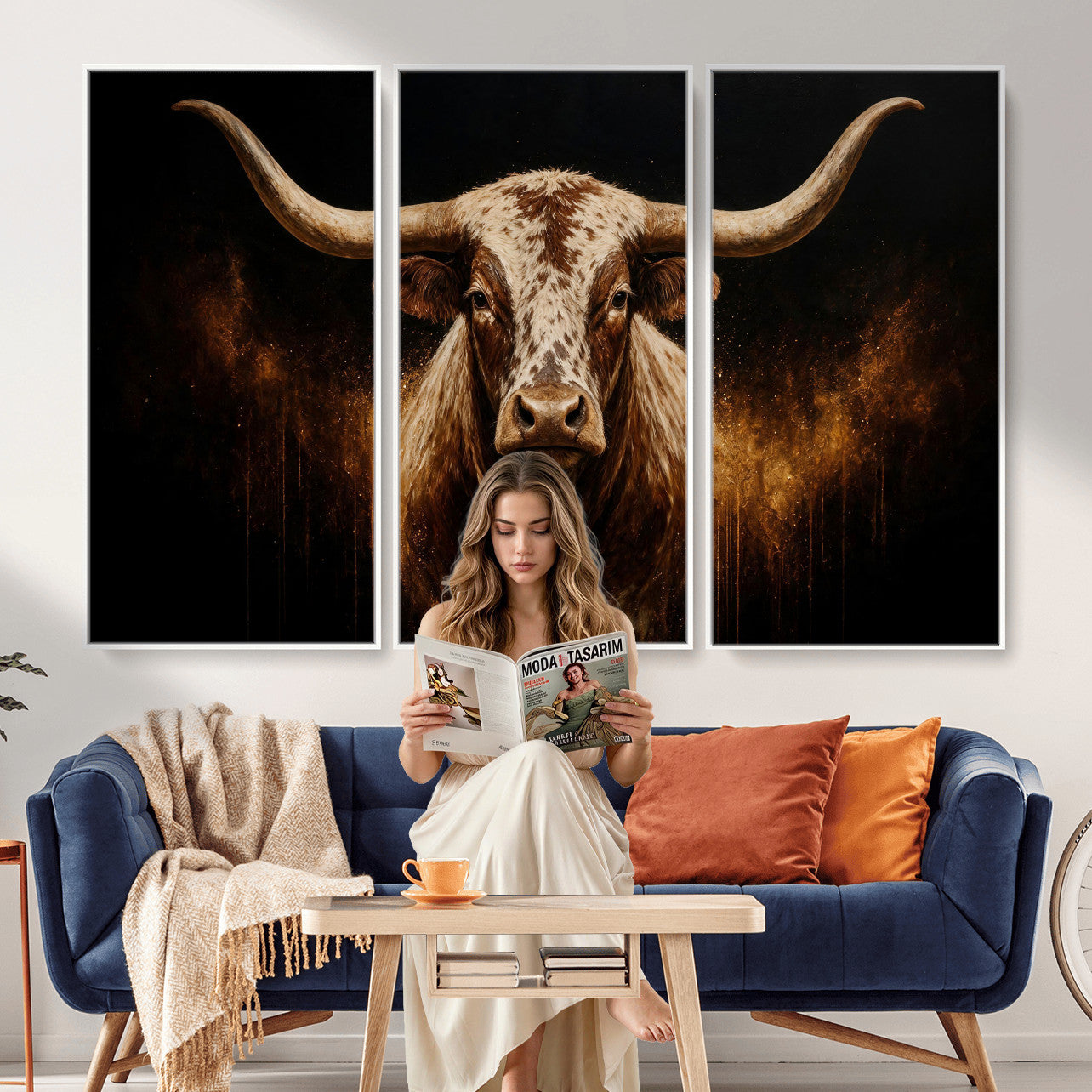62076449-MGV-CV-48X32-3P - Texas Bull Cow Longhorn Canvas Wall Art Moody Western Bull Oil Painting Print